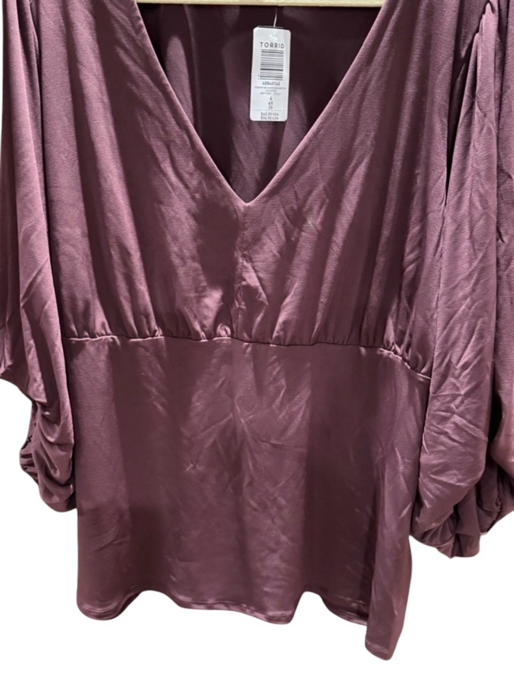 Torrid Deep Purple Shirred Top 4 with quarter length sleeves. NWT